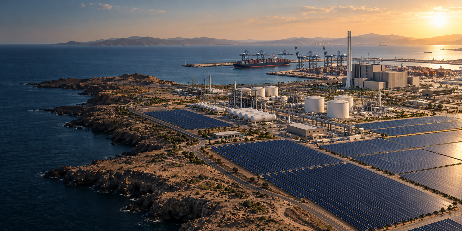Concept visual of a sustainable coastal development with solar arrays, hydrogen production, resource recovery and port infrastructure